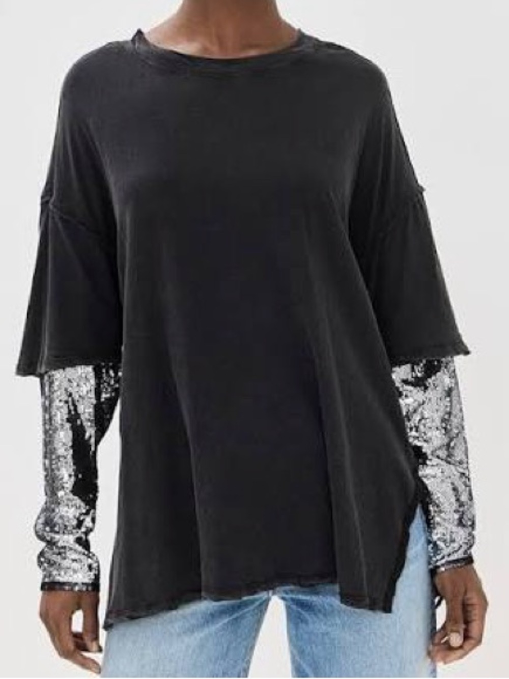 Free People Nellie Black Short Sleeve Tee with Silver Sequin Long Sleeves